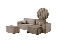 PACK - CLARISSE - Canapé d'angle convertible réversible avec pouf en velours côtelé - Taupe