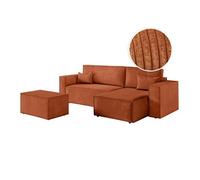 PACK - CLARISSE - Canapé d'angle convertible réversible avec pouf en velours côtelé - Terracotta