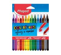 Maped - Combo Pack Color'Peps - 15 Crayons de couleur Infinity + 12 Feutres Lavables et Résistants au séchage - Pointe moyenne bloquée - Couleurs Vives - Pochette carton