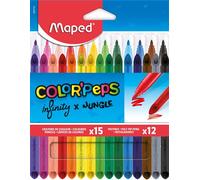 Maped - Combo Pack Color'Peps - 15 Crayons de couleur Infinity + 12 Feutres Lavables et Résistants au séchage - Pointe moyenne bloquée - Couleurs Vives - Pochette carton