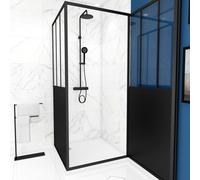 Pack complet Paroi porte de douche pivotante et paroi de retour type atelier et receveur blanc