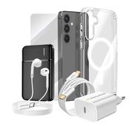 Pack Complet pour Galaxy S24 Coque, Verre, Chargeur, Batterie Externe, Écouteurs (6 pièces) Mayaxess Transparent Transparent