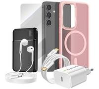 Pack Complet pour Galaxy S24 Coque, Verre, Chargeur, Batterie Externe, Ecouteurs (6 pièces) Rose