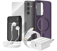 Pack Complet pour Galaxy S24 Coque, Verre, Chargeur, Batterie Externe, Ecouteurs (6 pièces) Violet