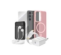 Pack Complet pour Galaxy S24 Coque, Verre, Chargeur, Batterie Externe, Ecouteurs (6 pièces) Rose