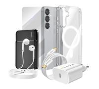 Pack Complet pour Galaxy S25 Coque, Verre, Chargeur, Batterie Externe, Ecouteurs (6 pièces) Transparent