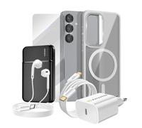 Pack Complet pour Galaxy S25 Coque, Verre, Chargeur, Batterie Externe, Ecouteurs (6 pièces) Gris