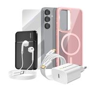 Pack Complet pour Galaxy S25 Coque, Verre, Chargeur, Batterie Externe, Ecouteurs (6 pièces) Rose