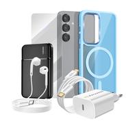Pack Complet pour Galaxy S25 Coque, Verre, Chargeur, Batterie Externe, Ecouteurs (6 pièces) Bleu clair
