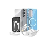 Pack Complet pour Galaxy S25 Coque, Verre, Chargeur, Batterie Externe, Ecouteurs (6 pièces) Bleu clair