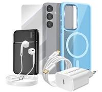 Pack Complet pour Galaxy S25 Coque, Verre, Chargeur, Batterie Externe, Ecouteurs (6 pièces) Bleu clair