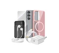 Pack Complet pour Galaxy S25 Coque, Verre, Chargeur, Batterie Externe, Ecouteurs (6 pièces) Rose