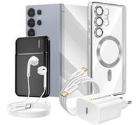 Pack Complet pour Galaxy S25 Ultra Coque, Verre, Chargeur, Batterie externe, Ecouteurs (6 pièces) Argent