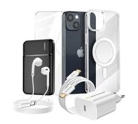 Pack Complet pour iPhone 14 Coque, Verre, Chargeur, Batterie externe, écouteurs (6 pièces) Transparent