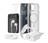 Pack Complet pour iPhone 14 Coque, Verre, Chargeur, Batterie externe, écouteurs (6 pièces) Gris