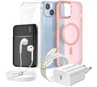 Pack Complet pour iPhone 14 Coque, Verre, Chargeur, Batterie externe, écouteurs (6 pièces) Rose