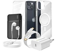 Pack Complet pour iPhone 14 Coque, Verre, Chargeur, Batterie externe, écouteurs (6 pièces) Transparent