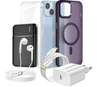 Pack Complet pour iPhone 14 Coque, Verre, Chargeur, Batterie externe, écouteurs (6 pièces) Mayaxess Violet Violet