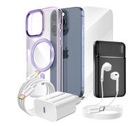 Pack Complet pour iPhone 15 Pro Coque, Verre, Chargeur, Batterie externe, écouteurs (6 pièces) Violet