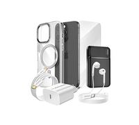 Pack Complet pour iPhone 15 Pro Coque, Verre, Chargeur, Batterie externe, écouteurs (6 pièces) Argent