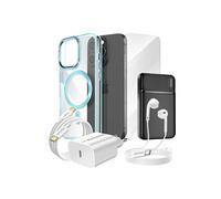 Pack Complet pour iPhone 15 Pro Coque, Verre, Chargeur, Batterie externe, écouteurs (6 pièces) Bleu