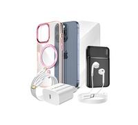 Pack Complet pour iPhone 15 Pro Coque, Verre, Chargeur, Batterie externe, écouteurs (6 pièces) Rose