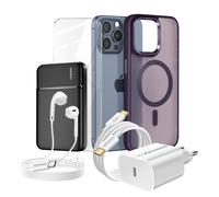 Pack Complet pour iPhone 15 Pro Max Coque, Verre, Chargeur, Batterie externe, écouteurs (6 pièces) Violet