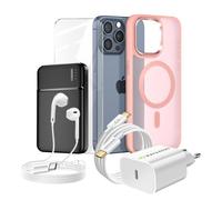 Pack Complet pour iPhone 15 Pro Max Coque, Verre, Chargeur, Batterie externe, écouteurs (6 pièces) Mayaxess Rose Rose