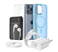 Pack Complet pour iPhone 15 Pro Max Coque, Verre, Chargeur, Batterie externe, écouteurs (6 pièces) Mayaxess Bleu Bleu