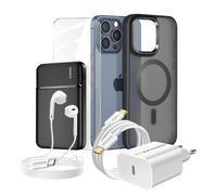 Pack Complet pour iPhone 15 Pro Max Coque, Verre, Chargeur, Batterie externe, écouteurs (6 pièces) Mayaxess Noir Noir