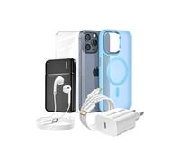 Pack Complet pour iPhone 15 Pro Max Coque, Verre, Chargeur, Batterie externe, écouteurs (6 pièces) Bleu