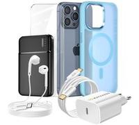 Pack Complet pour iPhone 15 Pro Max Coque, Verre, Chargeur, Batterie externe, écouteurs (6 pièces) Mayaxess Bleu Bleu