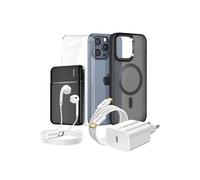 Pack Complet pour iPhone 15 Pro Max Coque, Verre, Chargeur, Batterie externe, écouteurs (6 pièces) Noir