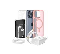 Pack Complet pour iPhone 15 Pro Max Coque, Verre, Chargeur, Batterie externe, écouteurs (6 pièces) Rose