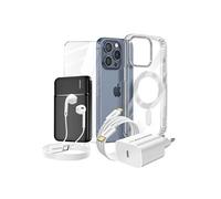 Pack Complet pour iPhone 15 Pro Max Coque, Verre, Chargeur, Batterie externe, écouteurs (6 pièces) Transparent