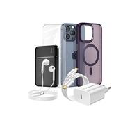 Pack Complet pour iPhone 15 Pro Max Coque, Verre, Chargeur, Batterie externe, écouteurs (6 pièces) Violet