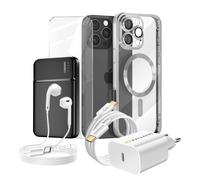 Pack Complet pour iPhone 16 Pro Max Coque, Verre, Chargeur, Batterie externe, écouteurs (6 pièces) Mayaxess Argent Argent