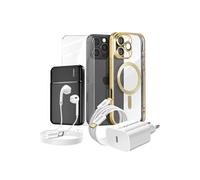 Pack Complet pour iPhone 16 Pro Max Coque, Verre, Chargeur, Batterie externe, écouteurs (6 pièces) Dorée