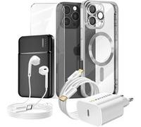 Pack Complet pour iPhone 16 Pro Max Coque, Verre, Chargeur, Batterie externe, écouteurs (6 pièces) Mayaxess Argent Argent