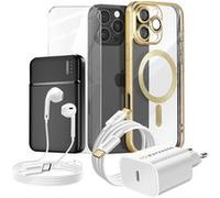 Pack Complet pour iPhone 16 Pro Max Coque, Verre, Chargeur, Batterie externe, écouteurs (6 pièces) Mayaxess Dorée Dorée