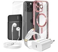 Pack Complet pour iPhone 16 Pro Max Coque, Verre, Chargeur, Batterie externe, écouteurs (6 pièces) Mayaxess Rose Rose