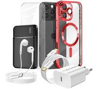 Pack Complet pour iPhone 16 Pro Max Coque, Verre, Chargeur, Batterie externe, écouteurs (6 pièces) Mayaxess Rouge Rouge