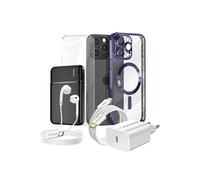 Pack Complet pour iPhone 16 Pro Max Coque, Verre, Chargeur, Batterie externe, écouteurs (6 pièces) Violet
