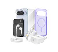 Pack Complet pour Pixel 10 Coque, Verre, Chargeurs, Batterie externe, écouteurs (7 pièces) Violet