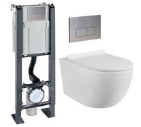 Pack Complet WC Sans Bride Bati Autoportant + Cuvette Suspendue Sans Bride + Plaque (Bâti chrono autoportant, Plaque inox)