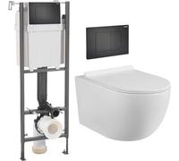 Pack Complet WC Sans Bride Bati Autoportant + Cuvette Suspendue Sans Bride + Plaque (Bâti initio sur mur porteur, Plaque noir mat soft touch)