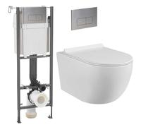 Pack Complet WC Sans Bride Bati Autoportant + Cuvette Suspendue Sans Bride + Plaque (Bâti initio sur mur porteur, Plaque inox)