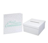 Pack Comprenant 1 Tirelire urne carrée avec 1 Livre d'or Communion Ma Première Communion Vert d'eau et Blanc