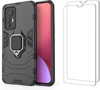 Pack Coque Magnétique Antichoc + 2 Verres Trempés 9h Pour Xiaomi 12 Lite 5g ¿ Anneau Support Rotatif Tpu+Pc Noir