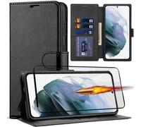 Pack Coque Pour Samsung Galaxy S22 Plus + Verre Trempe Integral 3d Portefeuille Effet Cuir Noir